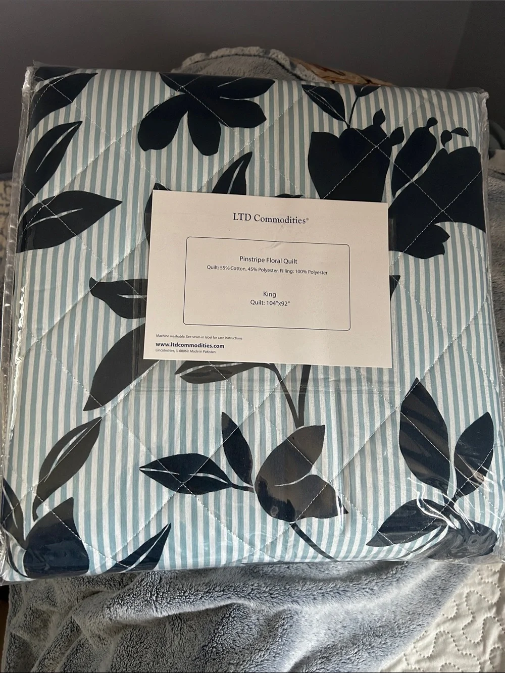 New LTD Commodities Blue Pinstripe Floral Quilt - King